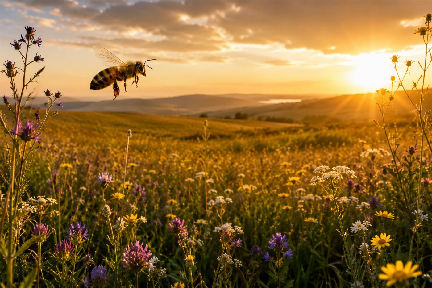 A honeybee flying over a field of flowers toward a low sun, the direction the waggle dance encodes