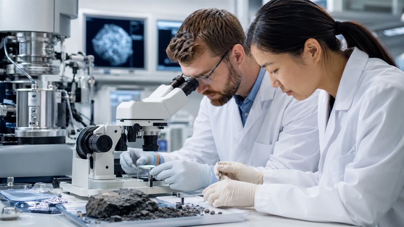 Scientists in white coats analyzing dark asteroid grains under instruments in a clean laboratory studying the origin of life