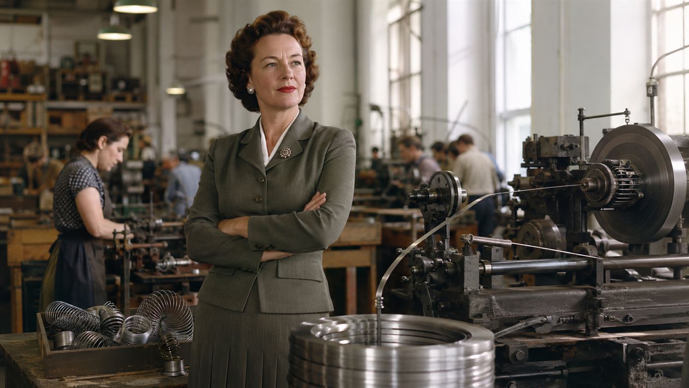 A mid-century businesswoman overseeing coils of steel being wound into spring toys in a small factory