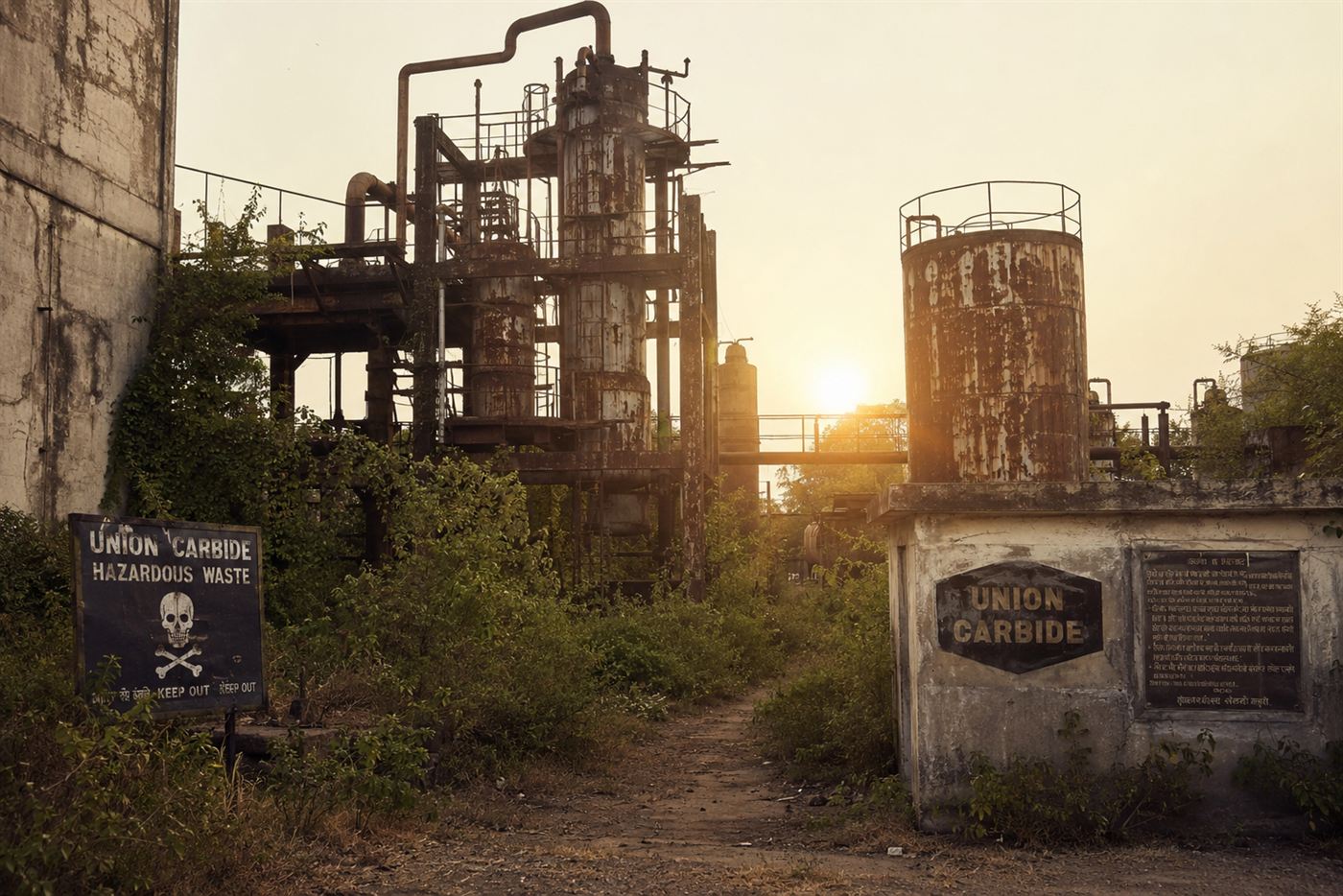 The abandoned toxic Union Carbide pesticide factory site in Bhopal India decades after the 1984 gas disaster, rusted industrial tanks and pipes surrounded by overgrown vegetation, a contaminated industrial ruin at golden hour