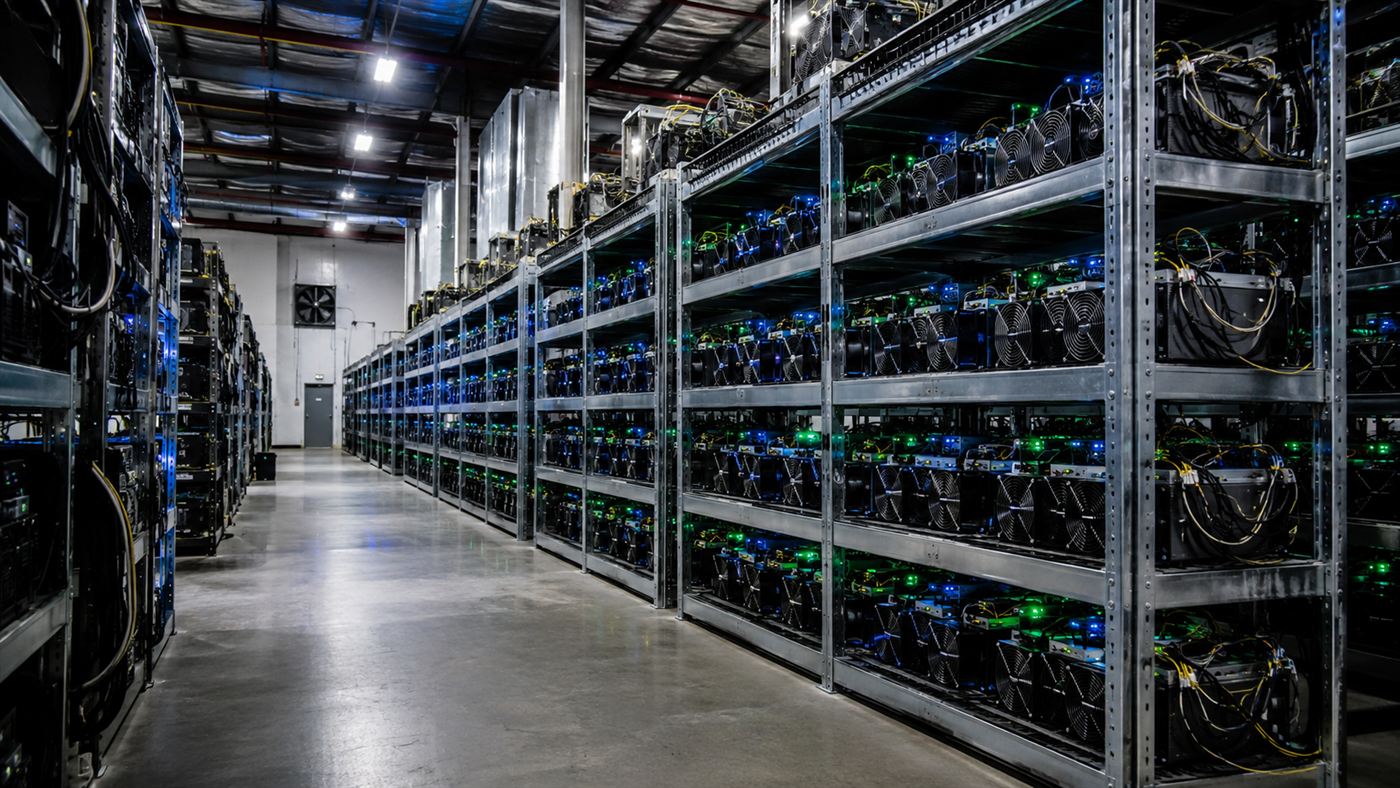 Rows of bitcoin mining machines in a data center, the kind Bhutan runs on its hydropower