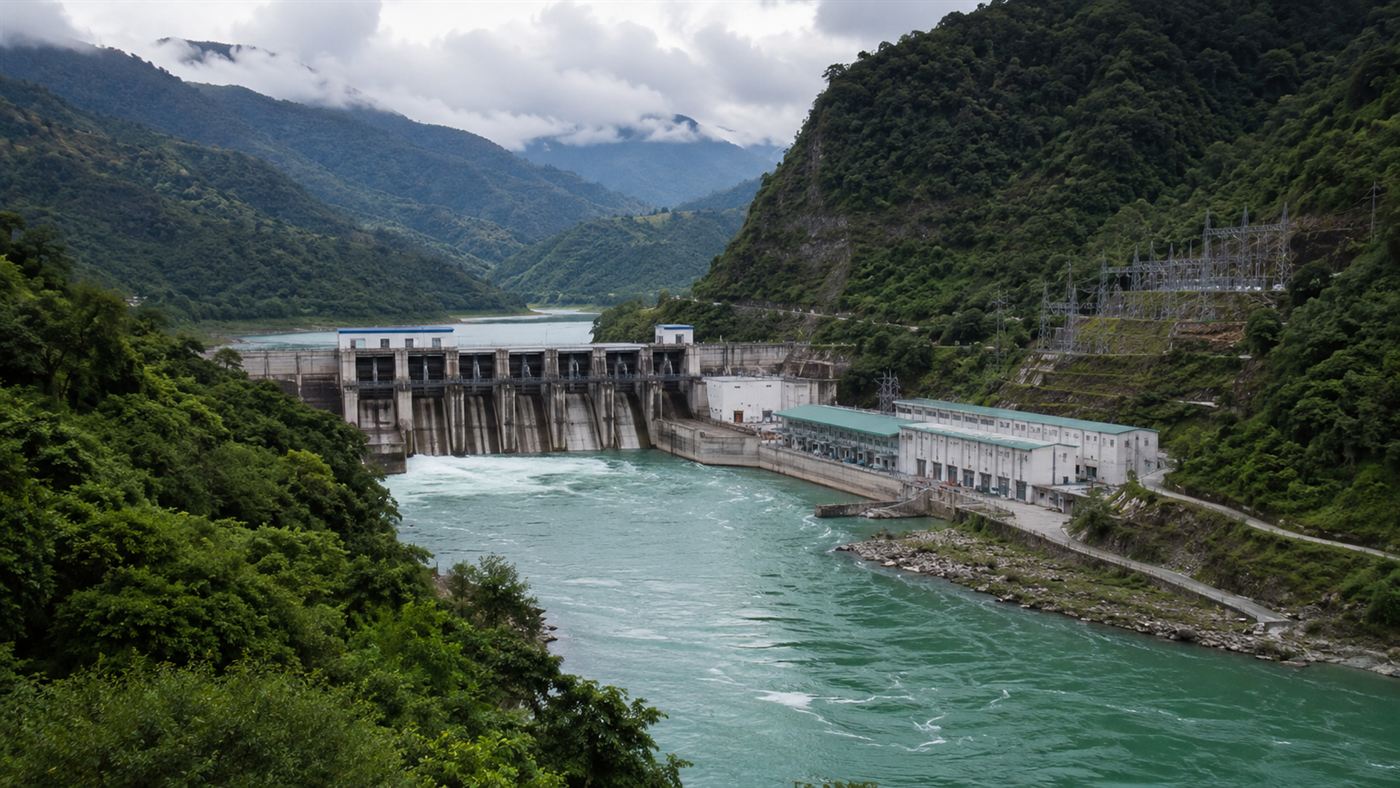 A hydroelectric dam in a green Himalayan river valley in Bhutan, the source of the country's carbon-negative power