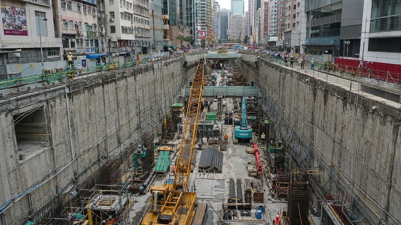A deep urban highway tunnel under construction with slurry walls and cranes, buildings crowding the edge