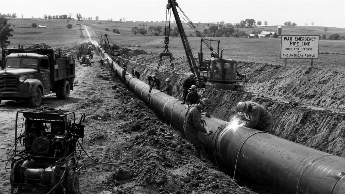 Workers welding a huge steel section of the Big Inch pipeline across open country in 1943