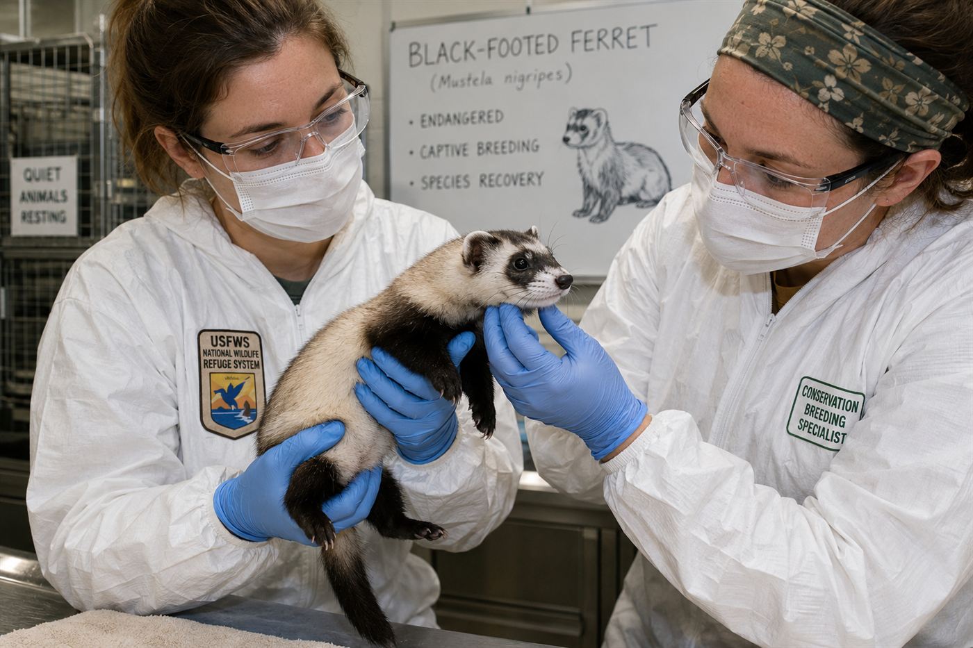 Wildlife biologists examining a black-footed ferret at an indoor captive breeding conservation center, the ferret's distinctive black and white markings visible
