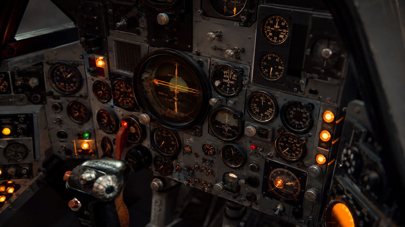 The intricate analog cockpit instruments of a 1960s high-altitude jet