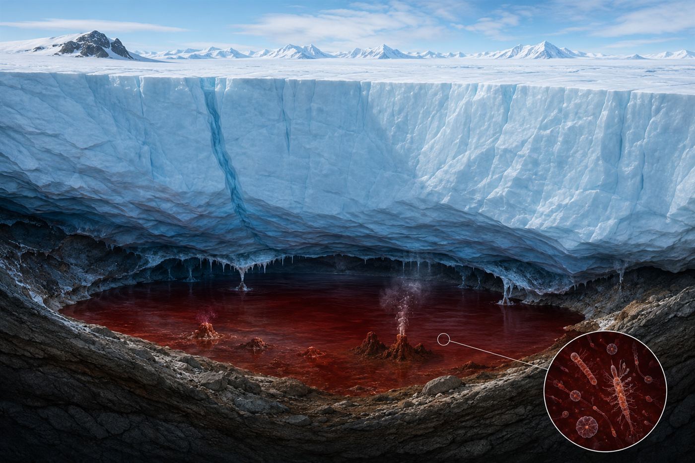 A cross-section illustration of a dark red iron-rich brine lake trapped beneath thick Antarctic glacier ice
