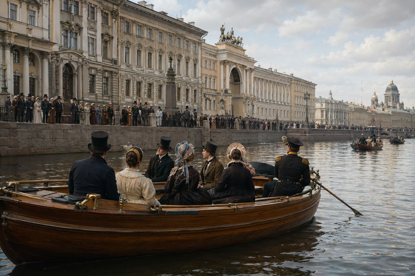 A small boat on the Neva before the St Petersburg skyline with a crowd watching, like Jacobi's 1839 demonstration