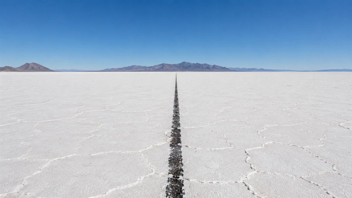 The vast white expanse of the Bonneville Salt Flats with a dead-straight measured course stretching to the horizon