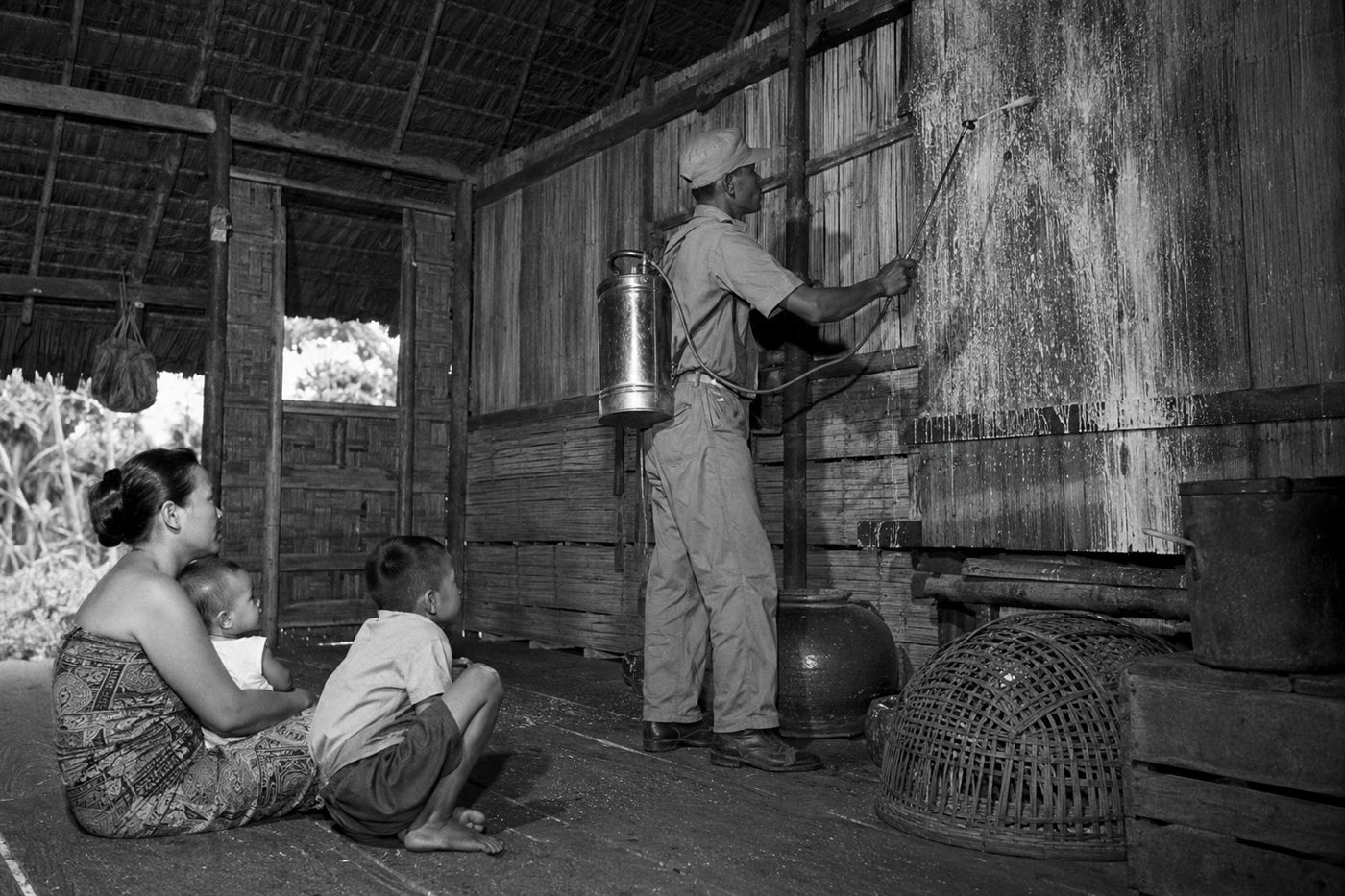 DDT indoor residual spraying malaria control Borneo 1950s, worker spraying white pesticide on interior walls of tropical thatched roof home, public health campaign