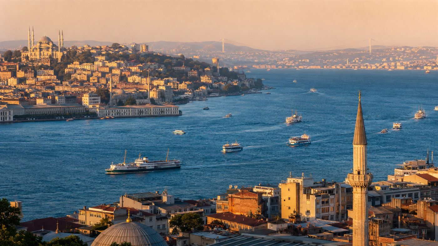 A view across the Bosphorus strait in Istanbul with the European and Asian shores facing each other and ferries crossing