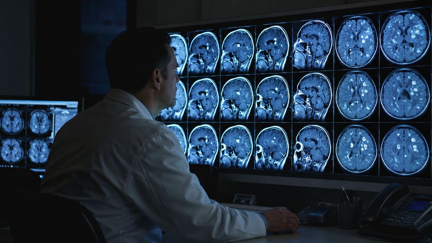 A radiologist examining brain MRI scans on a screen showing the small deep lesions of a lacunar stroke