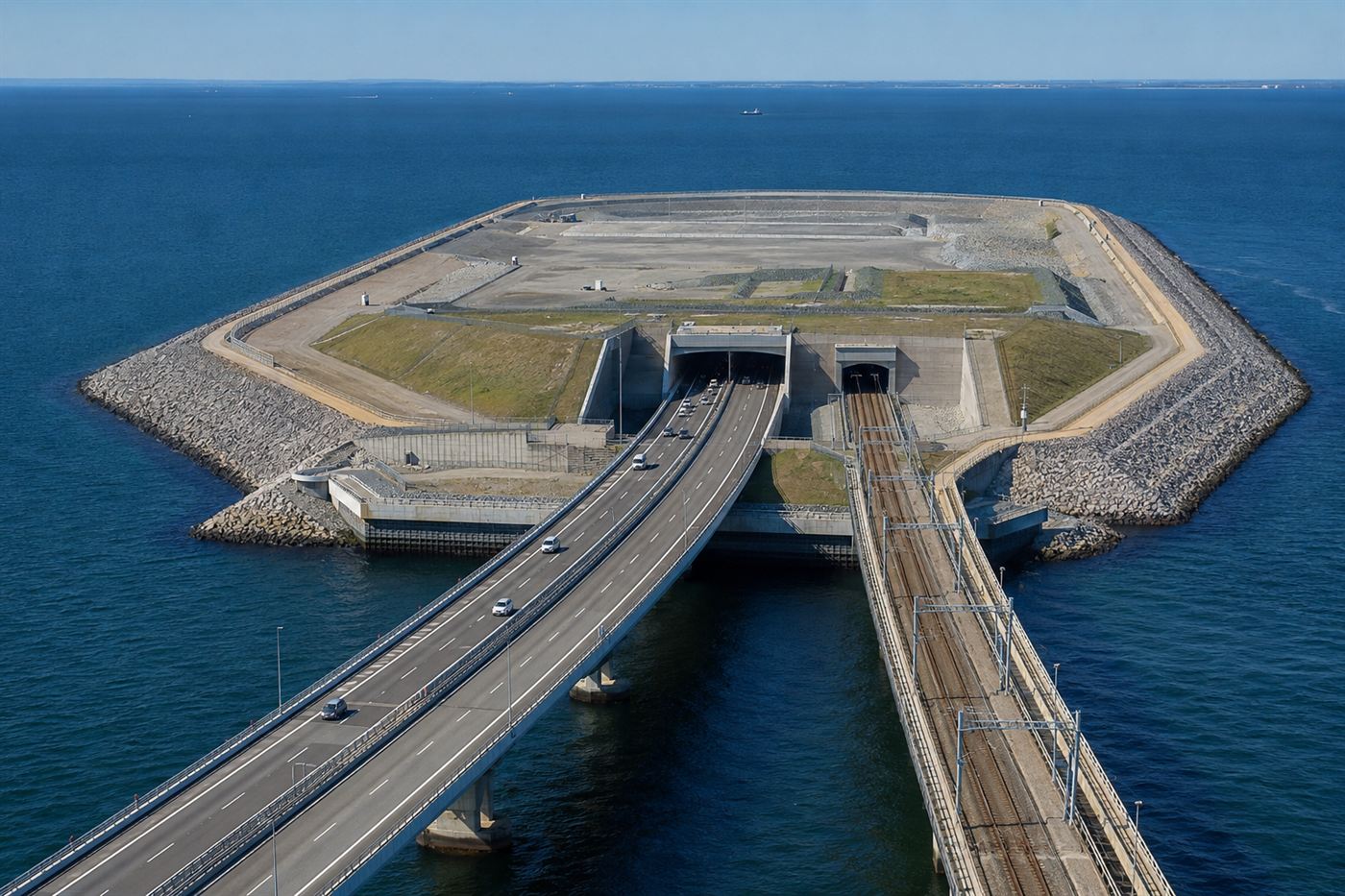 A road and railway descending into a tunnel portal on the artificial island in the Oresund strait