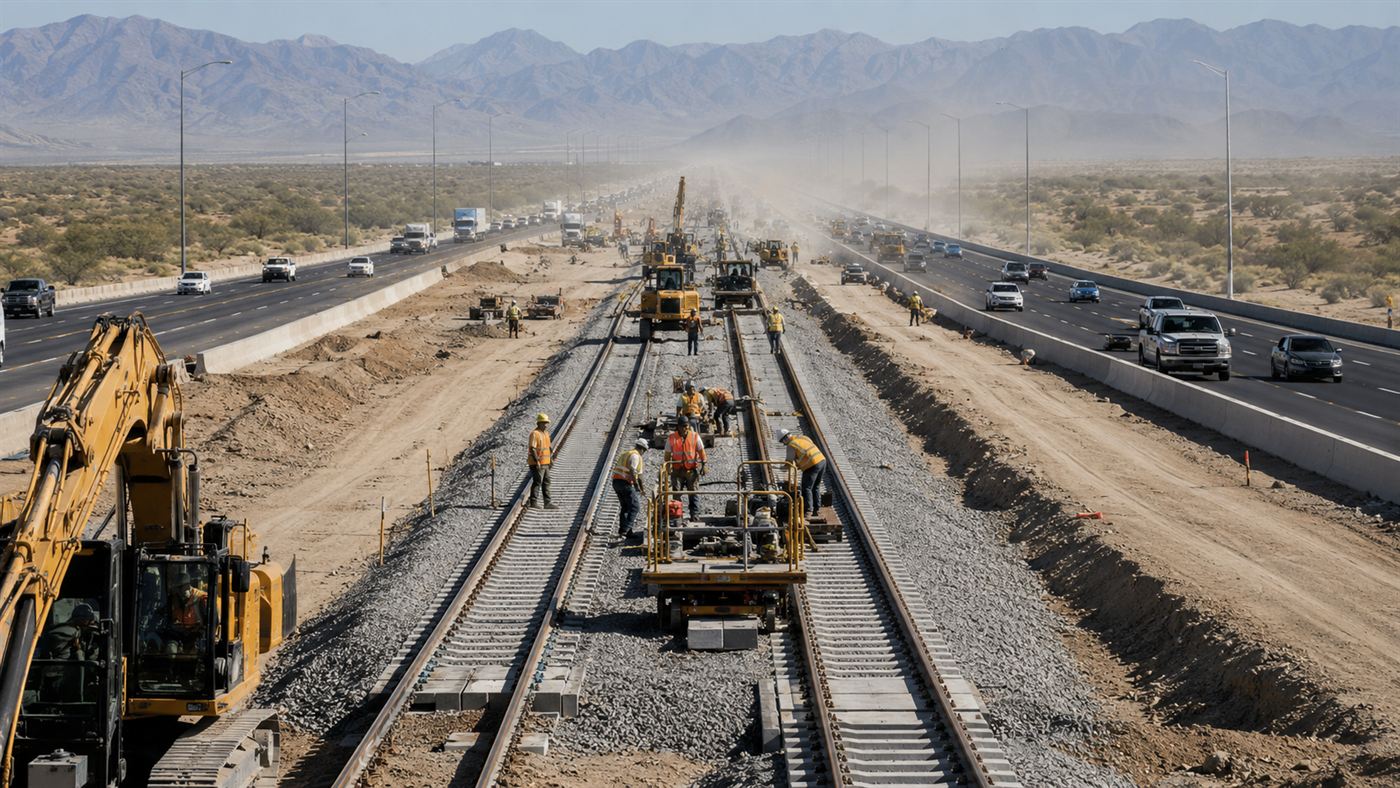 Construction crews and machinery building a rail line in the median of a desert interstate highway