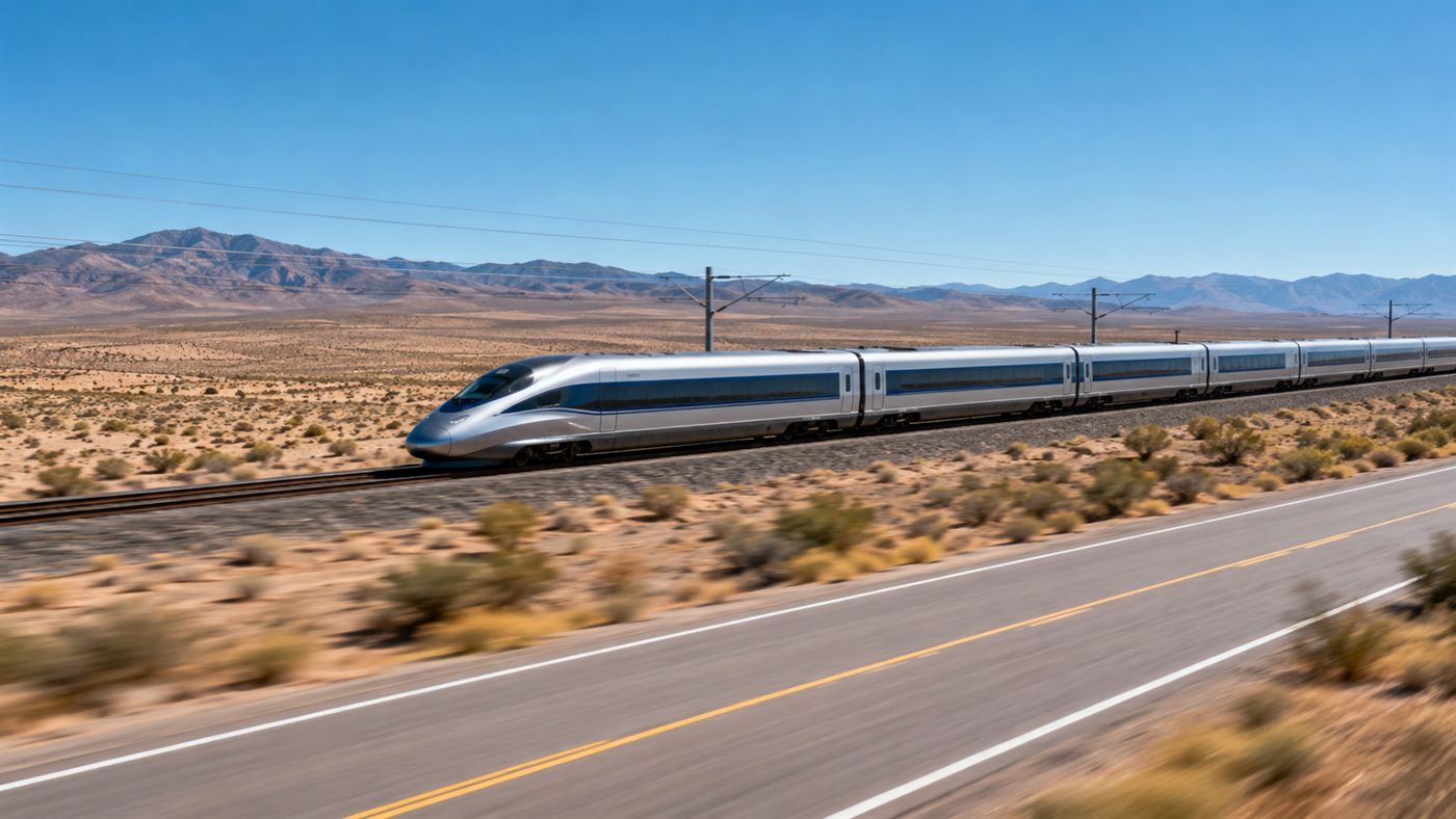 A sleek modern electric high-speed train racing across a desert landscape beside a highway