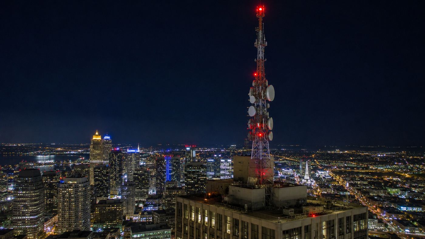 A tall broadcast antenna and microwave dishes on a downtown skyscraper roof at night above a city skyline