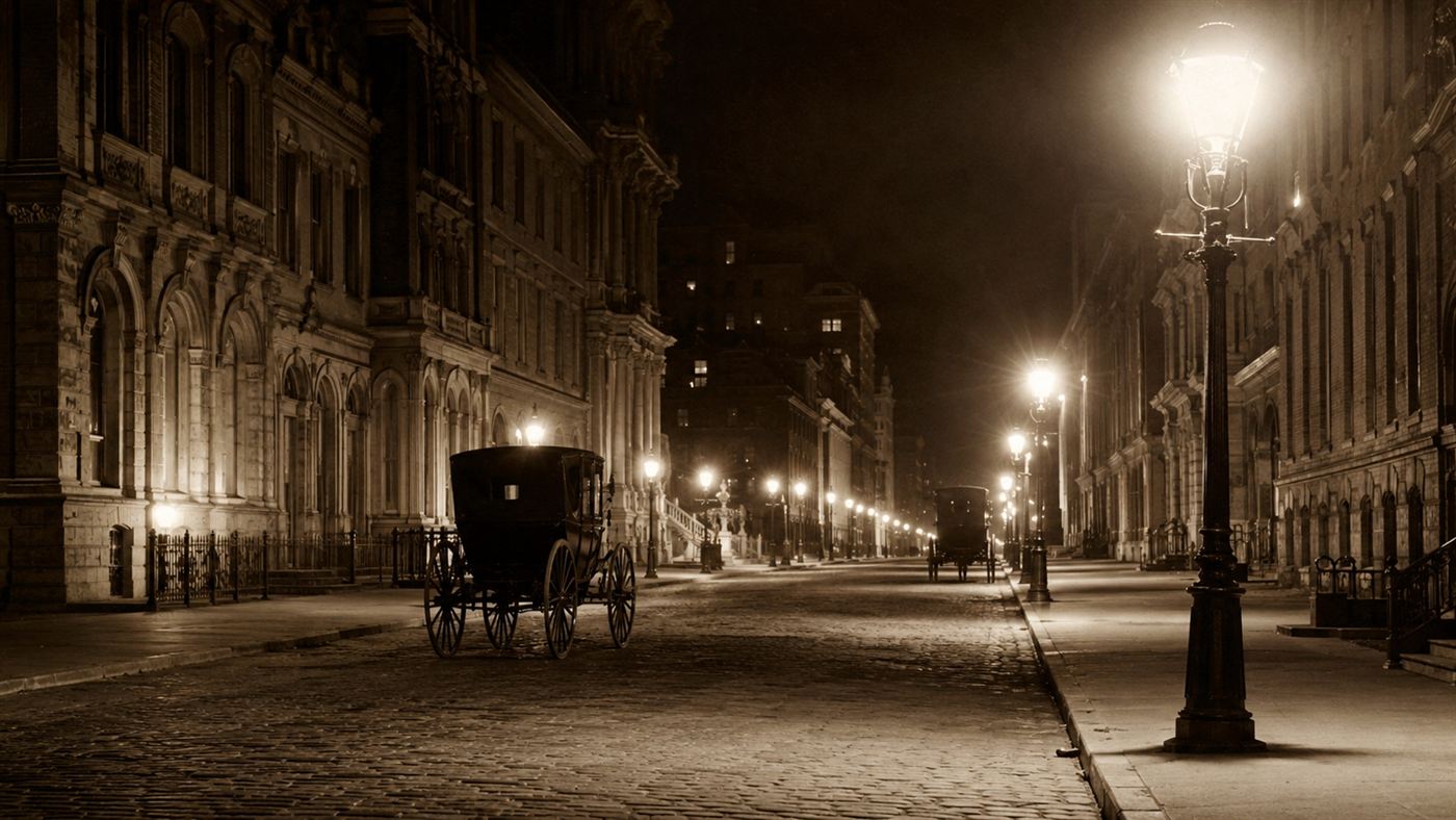 A late 1890s American city street at night newly lit by electric lights, with horse carriages and glowing buildings