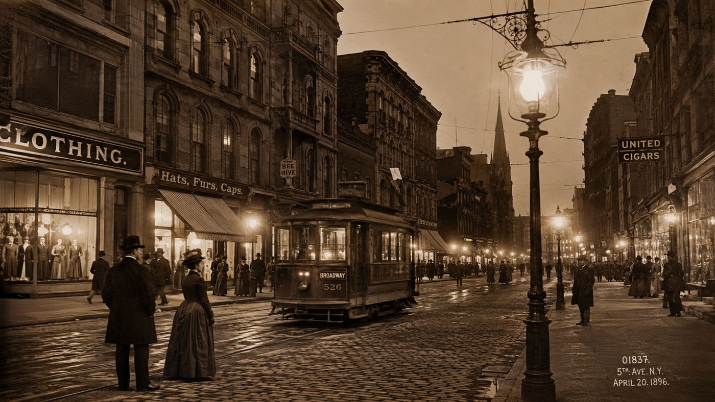 An 1896 city street lit by electric lamps with an electric streetcar, powered by current from Niagara