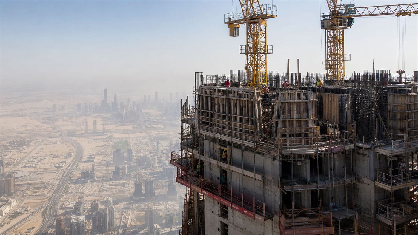 A supertall skyscraper under construction with cranes near the summit high above a desert city