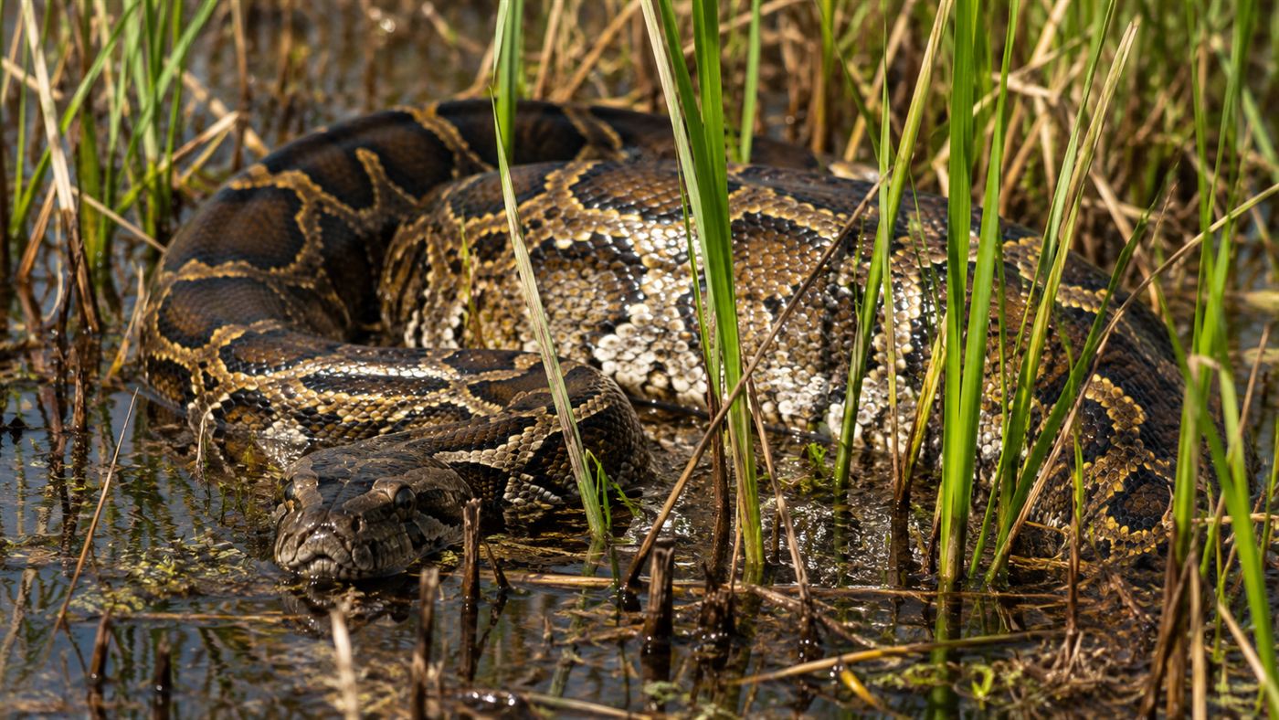 A large Burmese python coiled in the sawgrass of the Florida Everglades