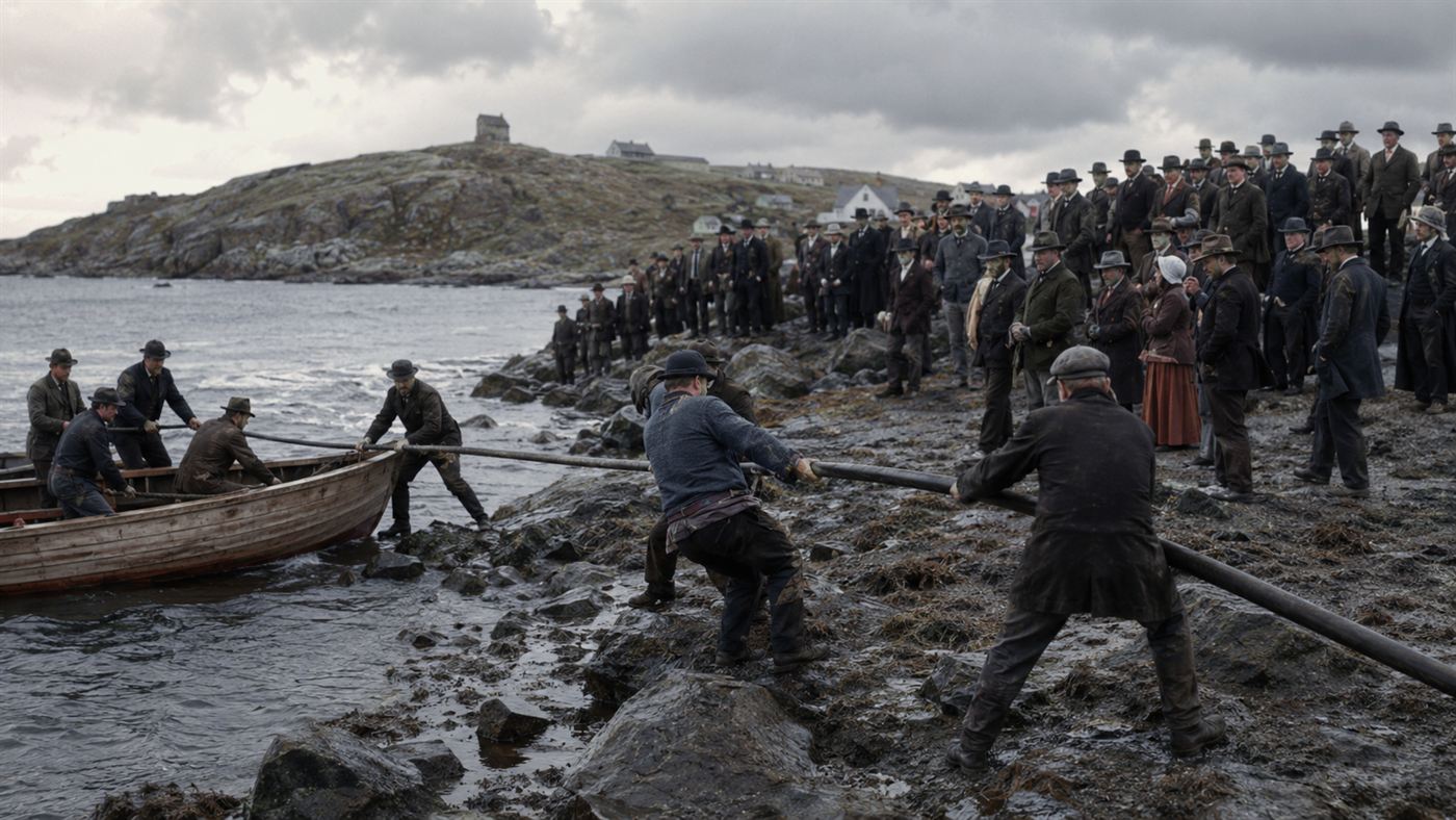 Victorian crowds hauling the end of the transatlantic cable ashore at Heart's Content, Newfoundland in 1866