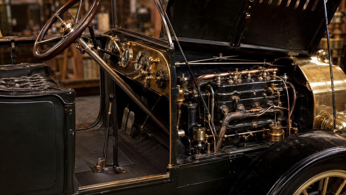 The dashboard and engine bay of a 1912 Cadillac showing the pedal that replaced the hand crank