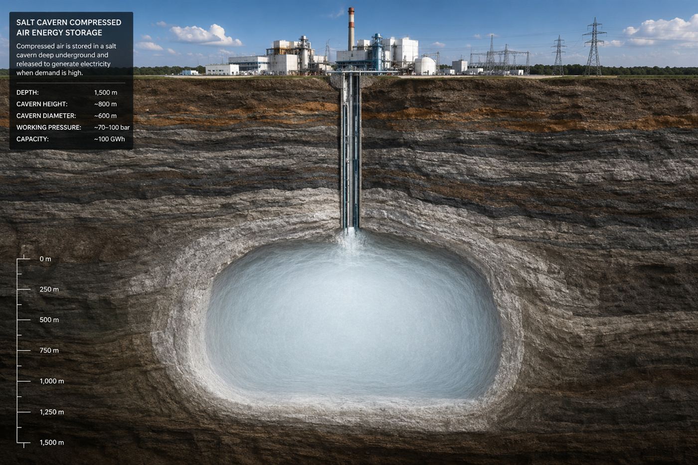 A cross-section illustration of a deep underground salt cavern filled with compressed air beneath a power plant