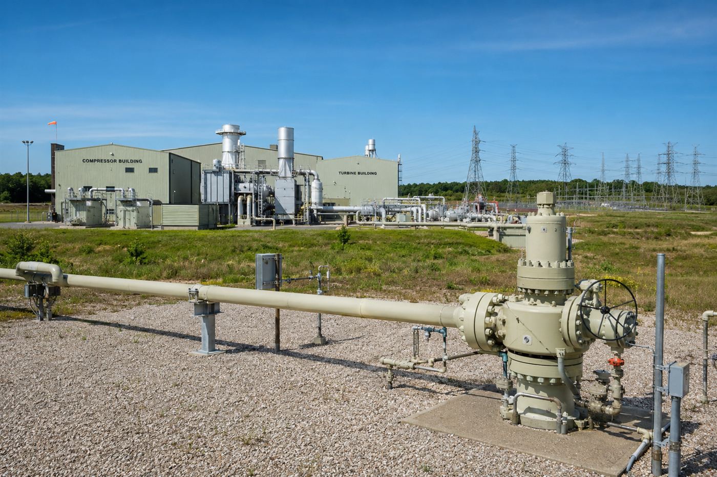 A compressed air energy storage plant at the surface, with compressor buildings and pipes above an underground salt cavern