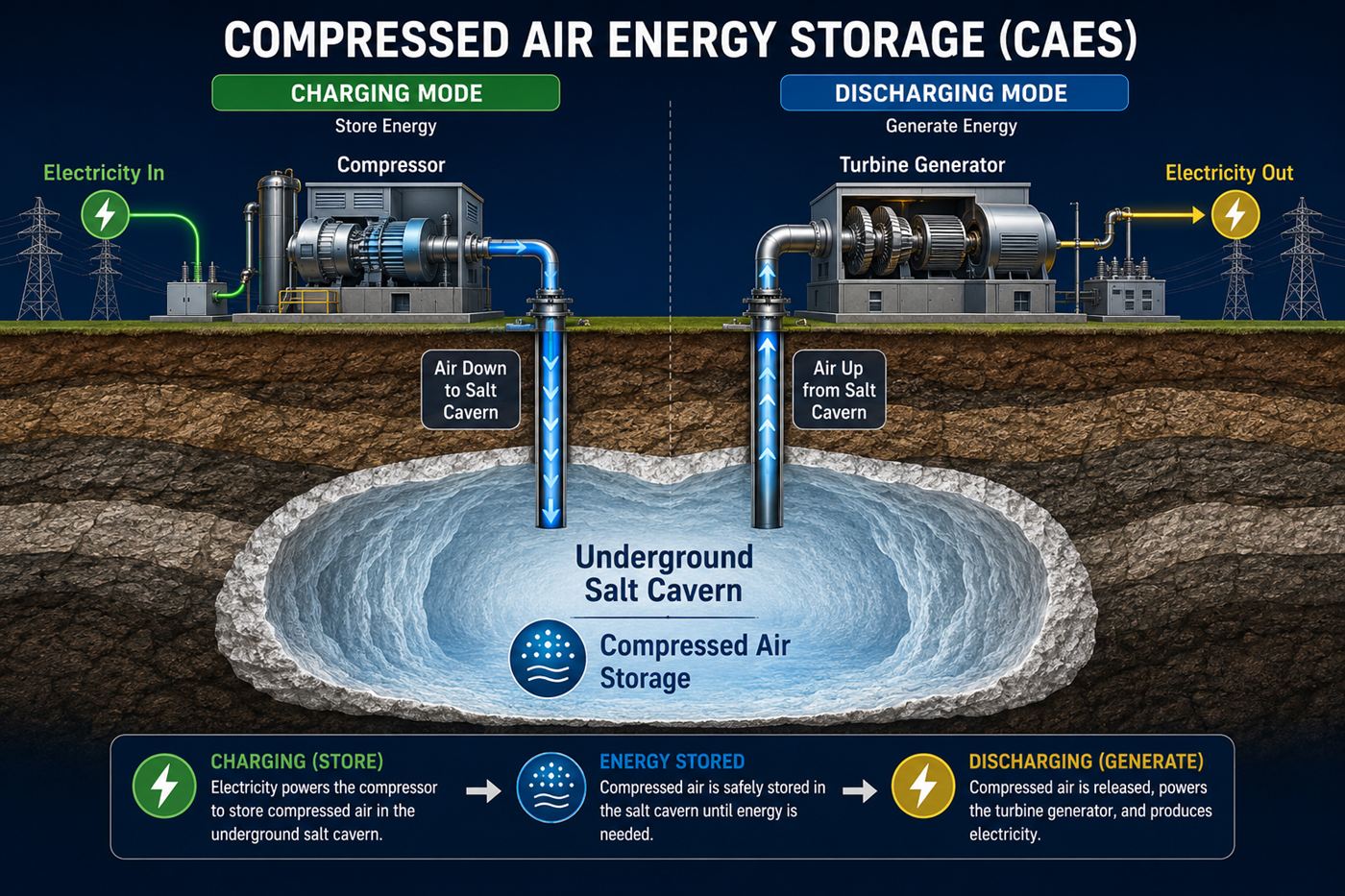 A diagram of compressed air energy storage: a compressor pushing air into a salt cavern when charging, and air rising back through a turbine when discharging