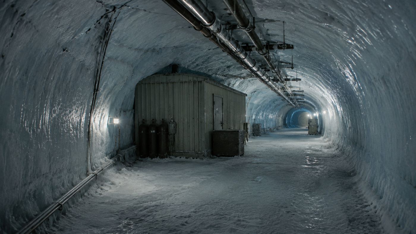 A long tunnel carved into thick blue-white glacial ice with a prefabricated hut inside, part of Camp Century under Greenland
