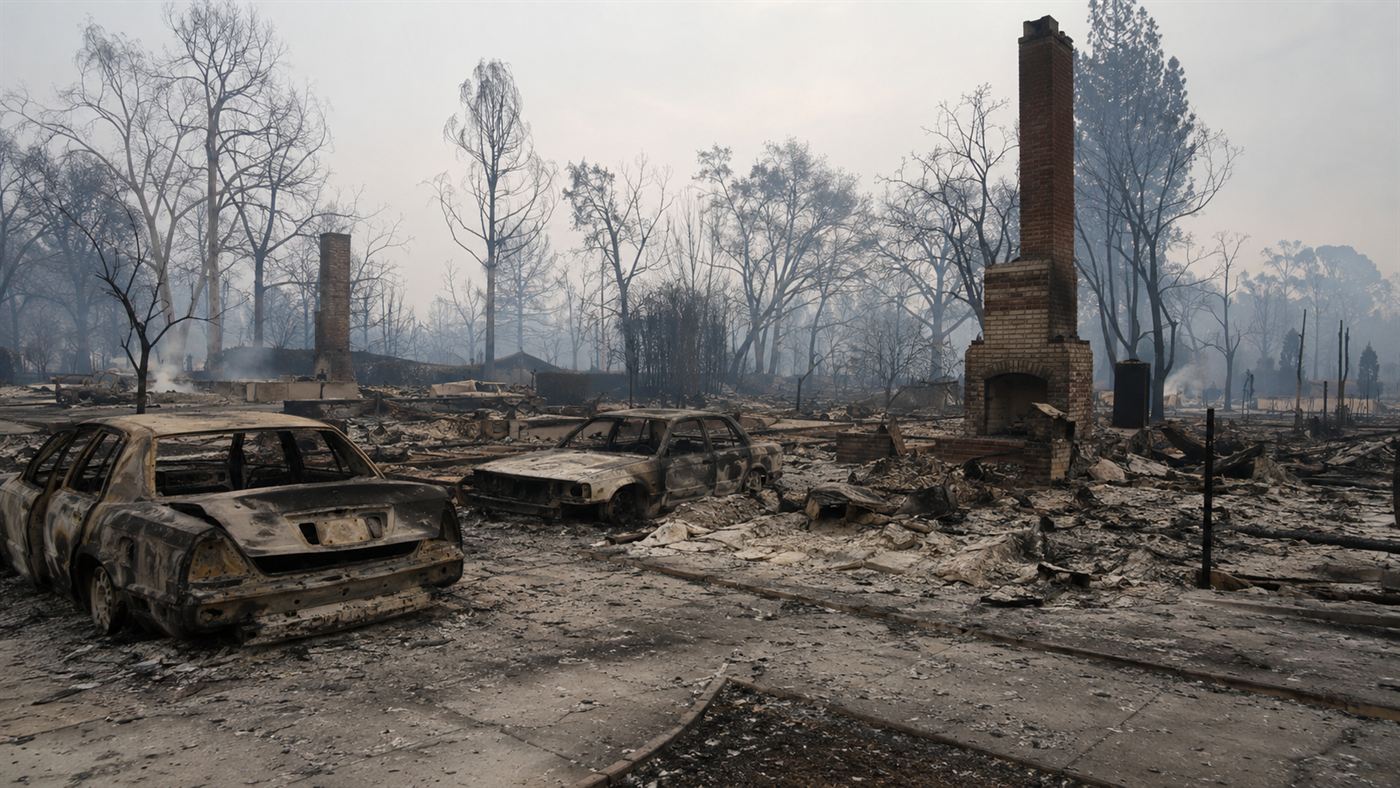 The smoldering ruins of a Paradise California neighborhood after the Camp Fire, burned cars and lone chimneys standing in gray ash