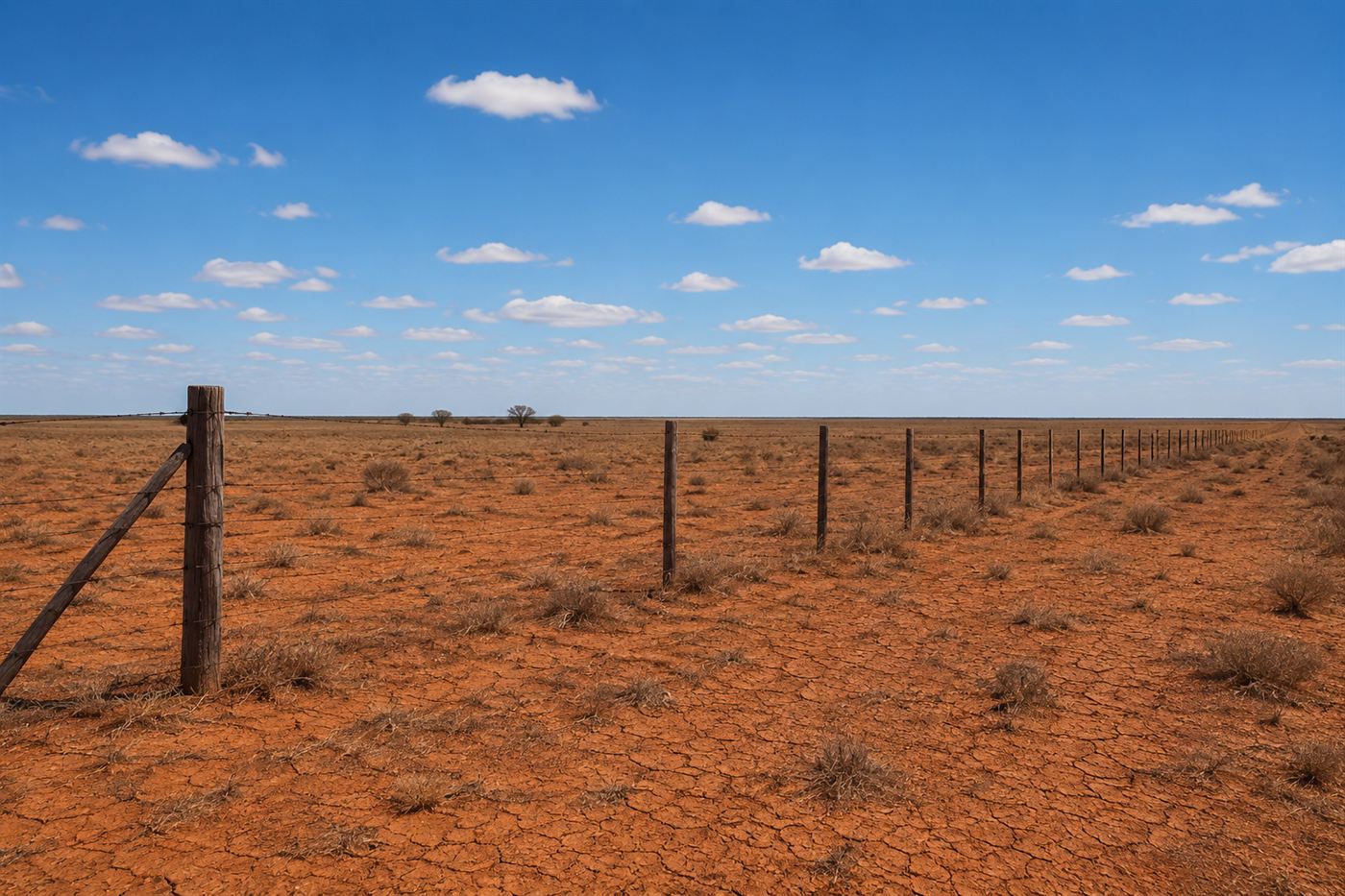 Campion district wheat farmers Western Australia, flat dry agricultural land with wooden fence posts, red cracked earth and sparse scrub, 1930s outback farming
