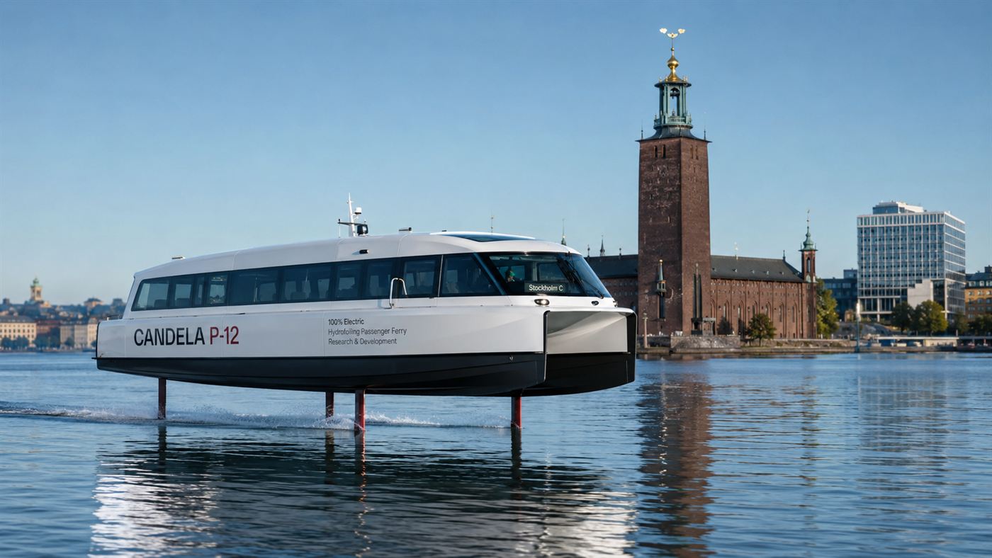 A sleek white electric hydrofoil ferry lifted clear of the water on slender underwater wings, flying just above the surface with the Stockholm skyline behind it