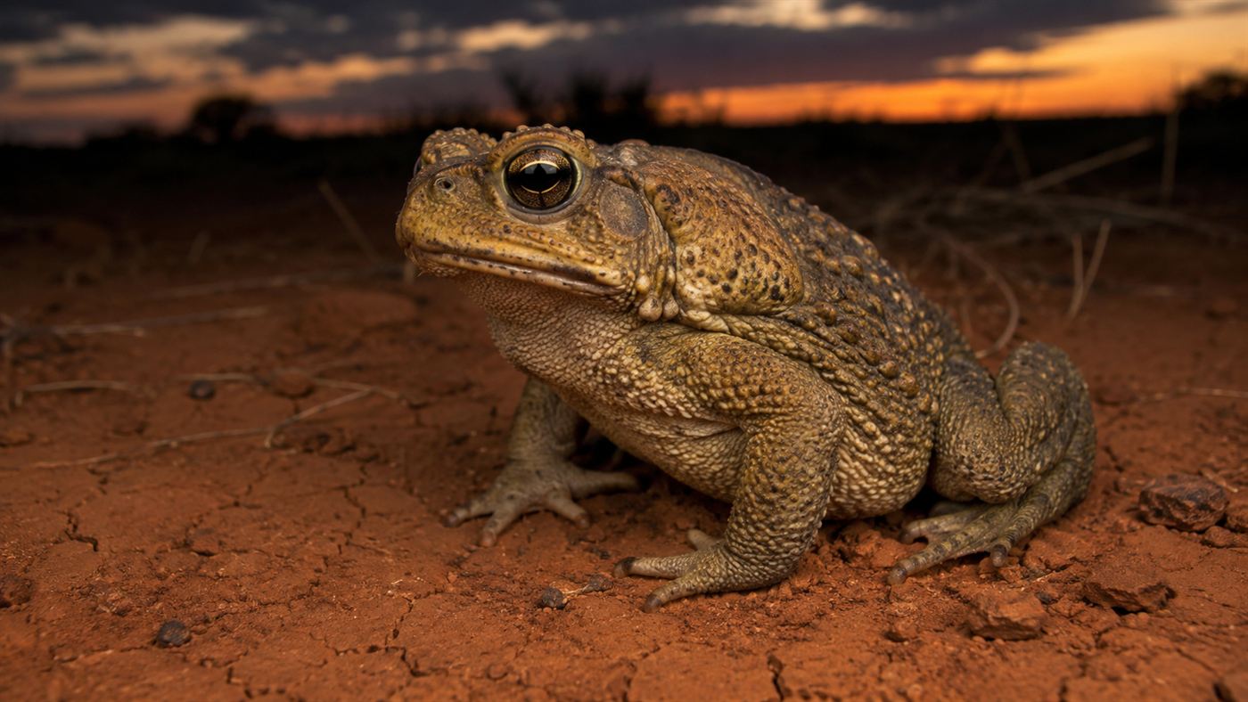 A large warty cane toad on red Australian soil, one of millions of invasive cane toads