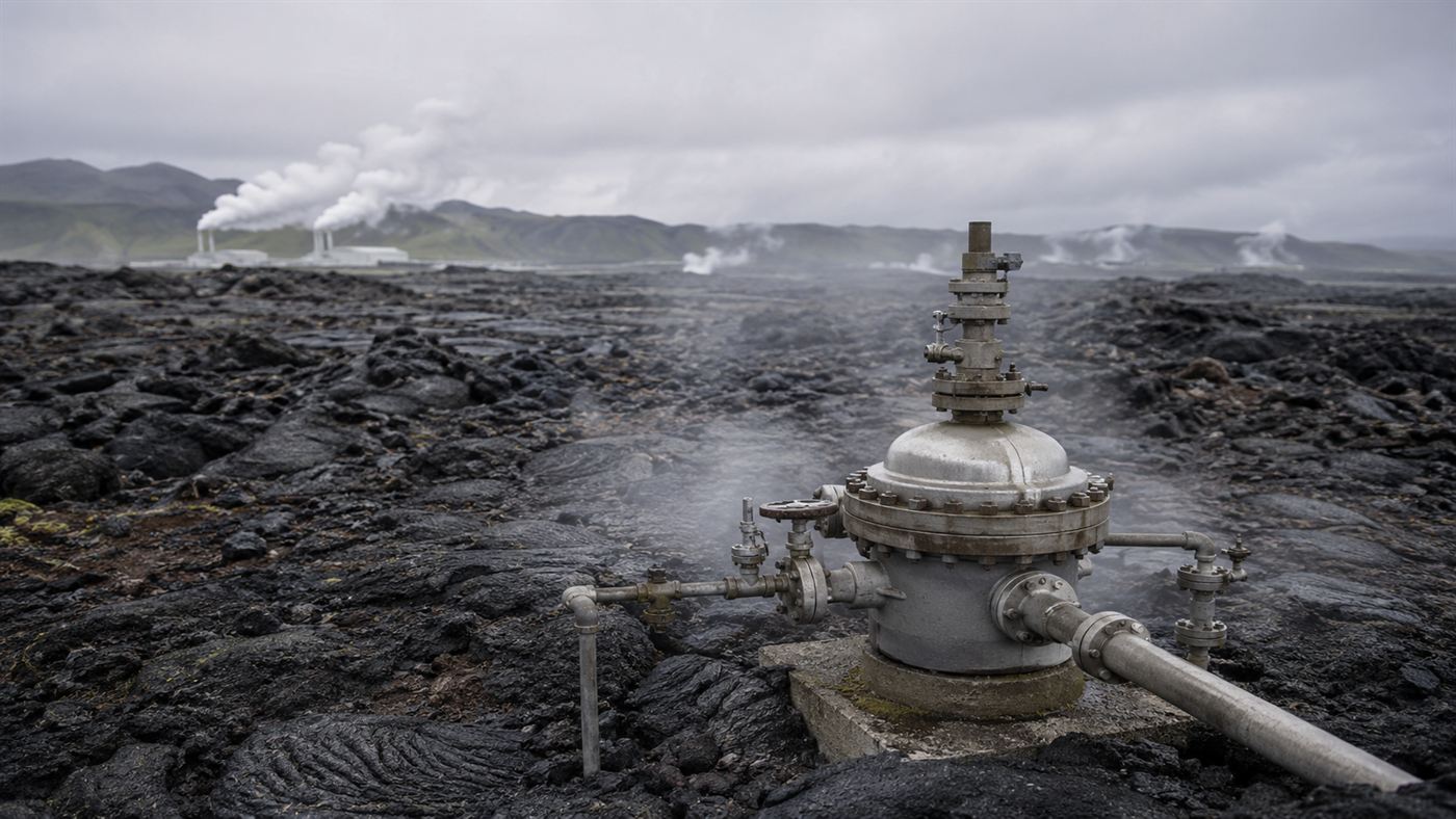 A domed Carbfix CO2 injection wellhead with pipes and valves in a black basalt lava field in Iceland with steam behind it