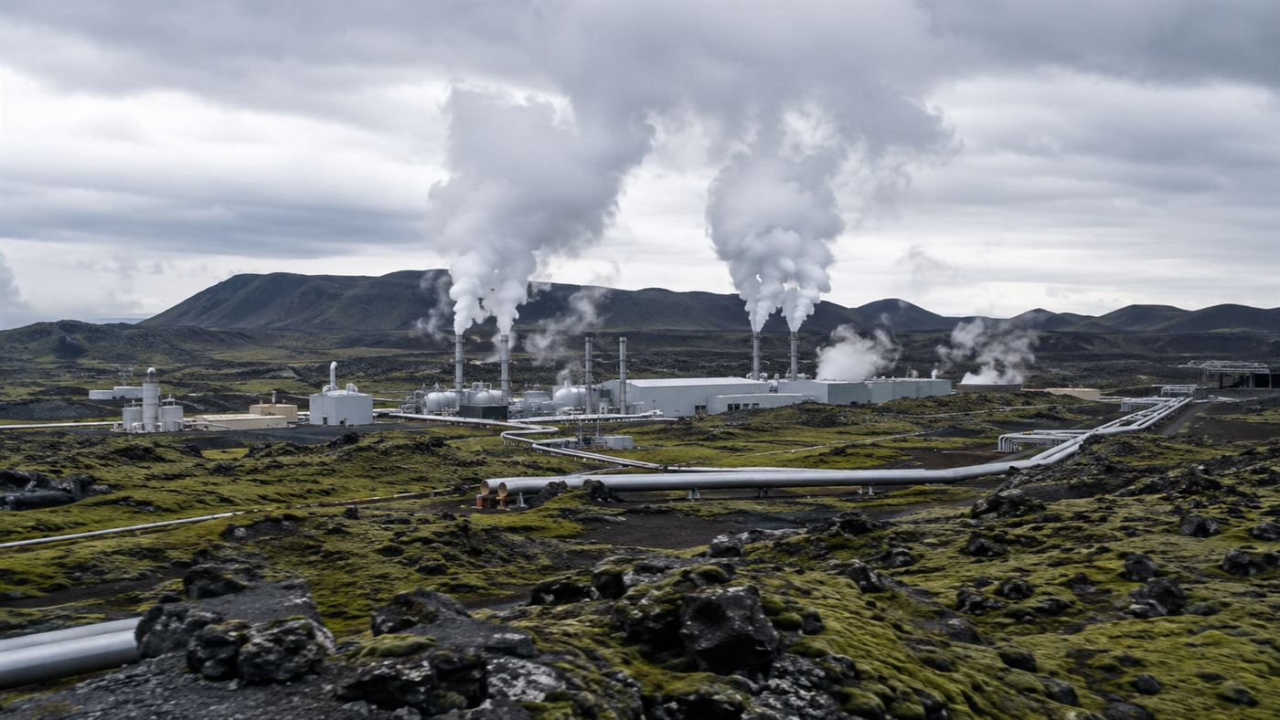 The Carbfix site at the Hellisheidi geothermal plant in Iceland, steam rising over a black lava field where CO2 is turned into stone