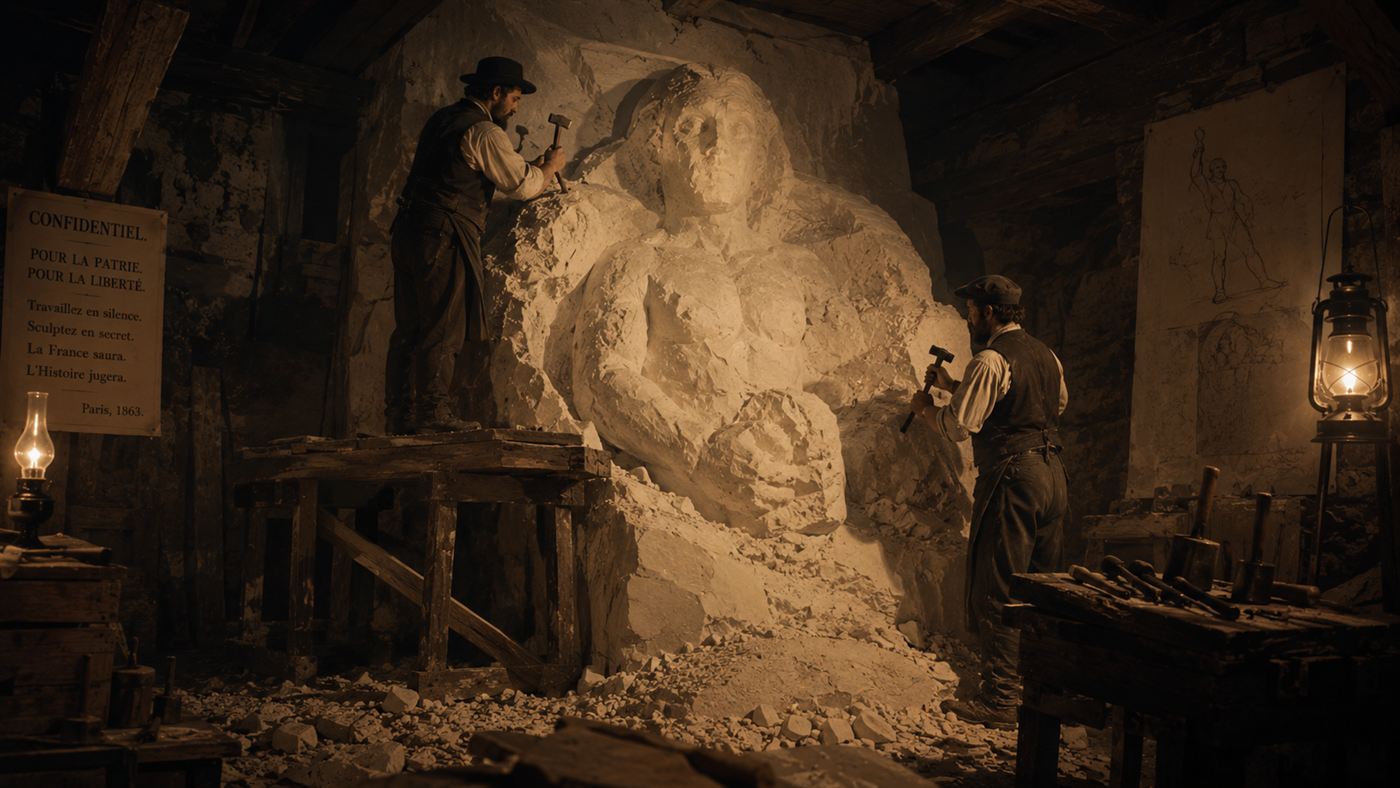 Stonecutters secretly carving a giant human figure from a pale gypsum block in a dim 1860s workshop