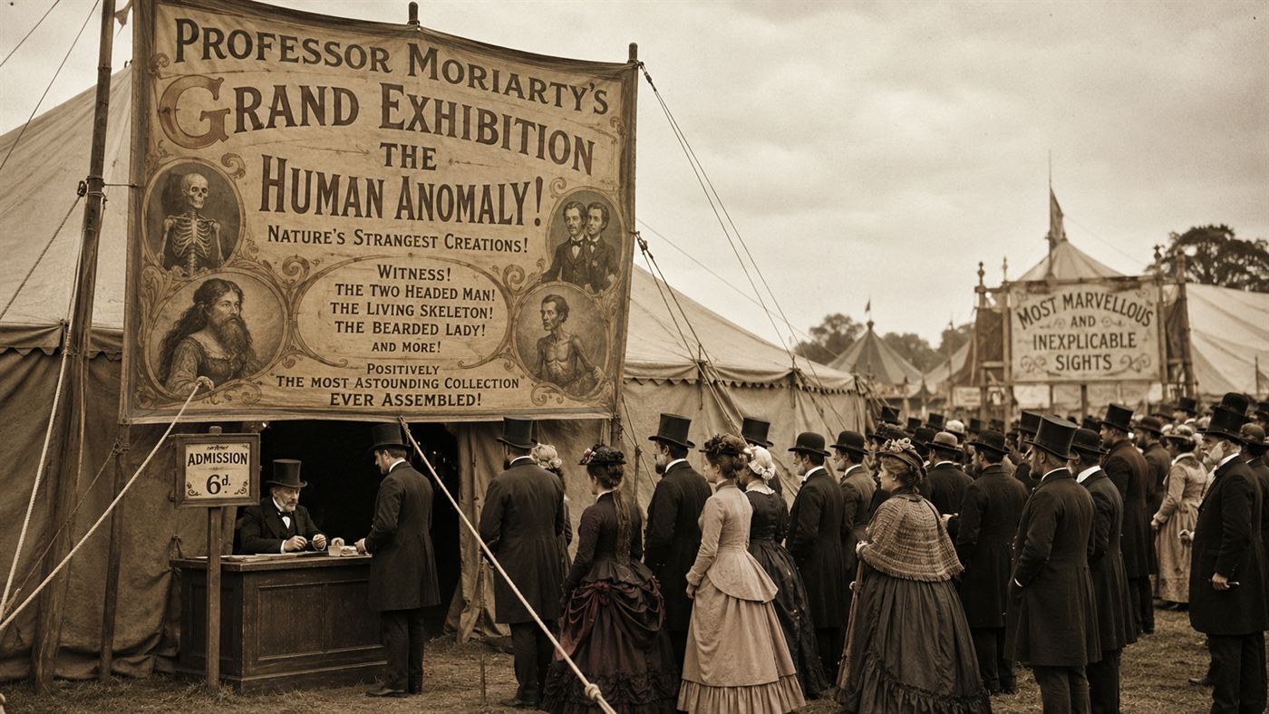 A 19th-century exhibition tent with a banner and a queue of people paying to see a wonder