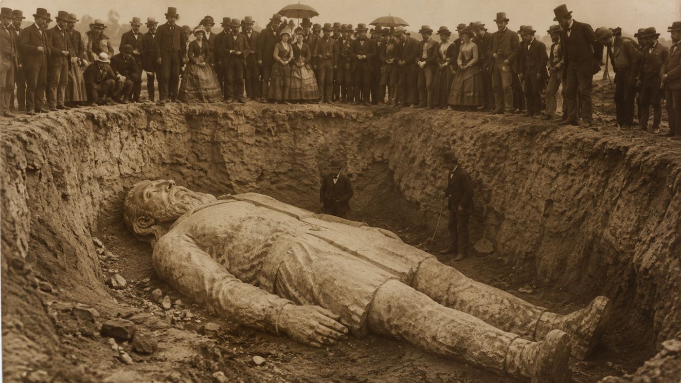 The Cardiff Giant, a ten-foot carved stone man lying in a pit, surrounded by Victorian onlookers