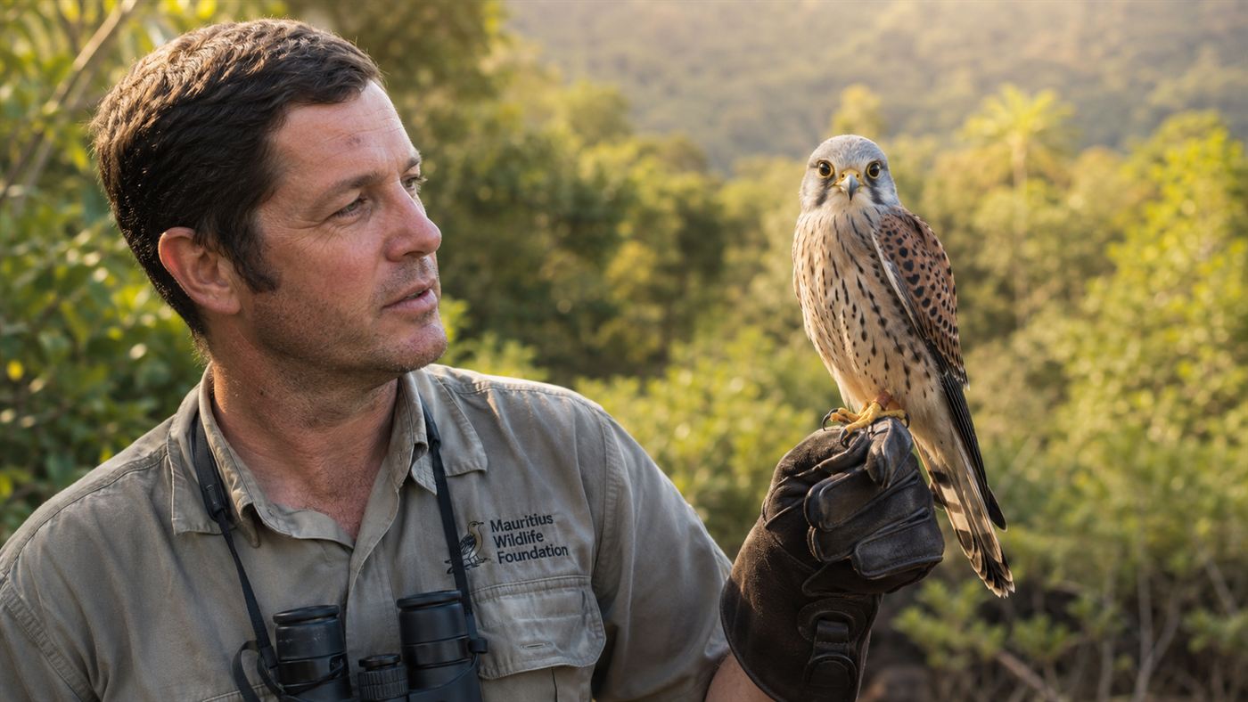 Welsh ornithologist Carl Jones holding a spotted Mauritius kestrel on his gloved hand in front of native forest in Mauritius