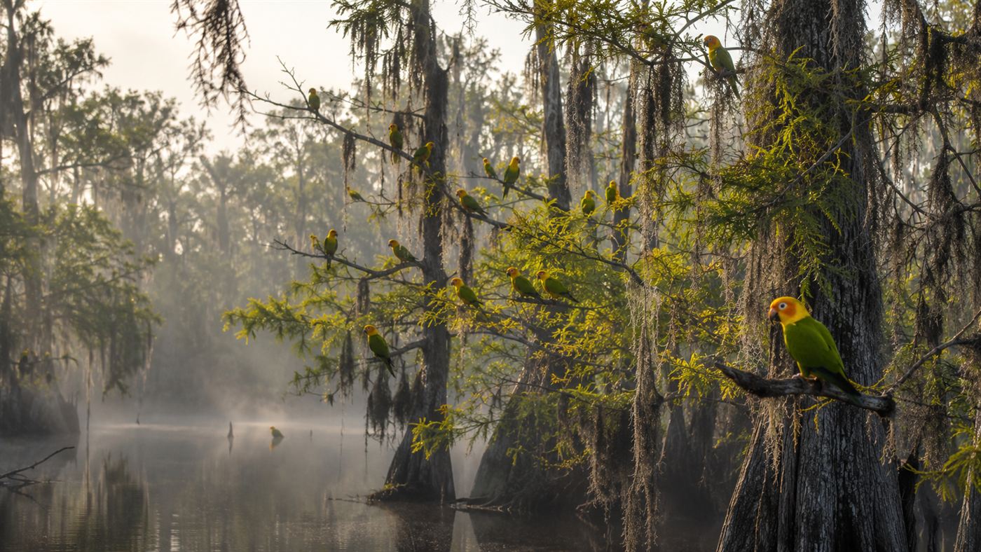 A flock of green and yellow Carolina parakeet birds perched in a misty cypress swamp in the eastern United States