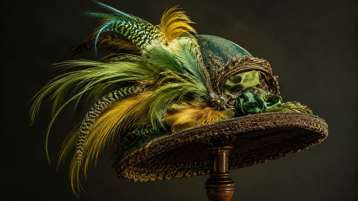 An ornate early 1900s ladies' hat decorated with bright green and yellow bird feathers on a dark background