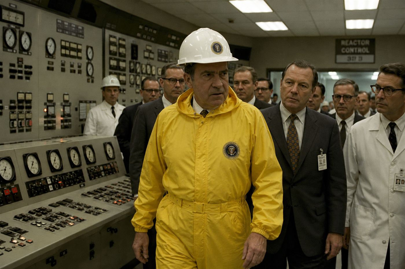 President Carter Three Mile Island 1979, political figure in yellow radiation protective suit and hard hat walking through nuclear power plant control room surrounded by officials