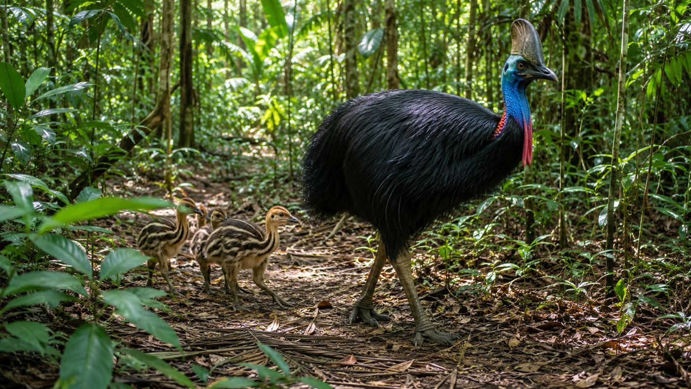 An adult male cassowary walking through rainforest with several small striped cassowary chicks following