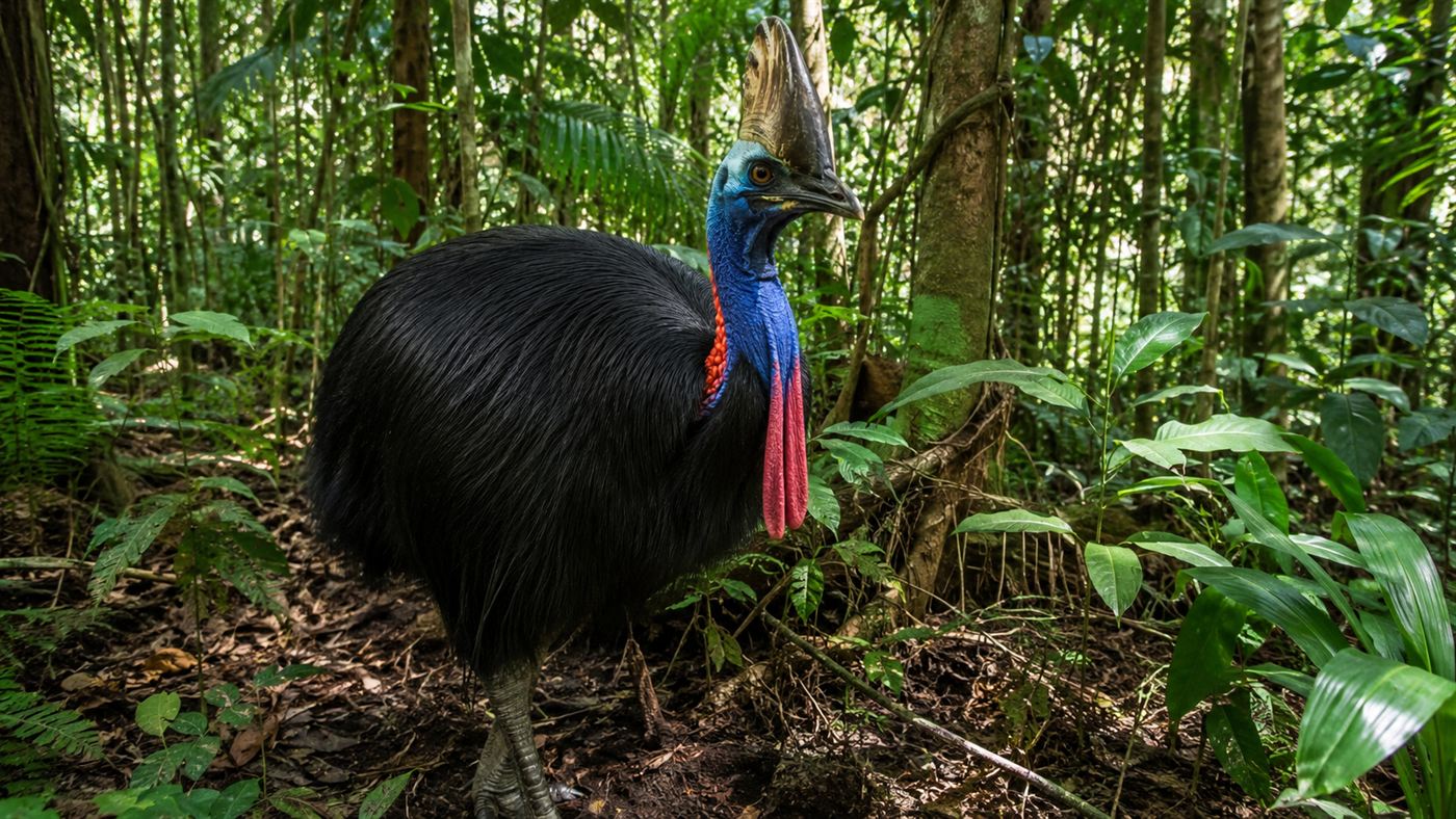 A southern cassowary with a glossy black body, bright blue and red neck and a tall casque, in rainforest