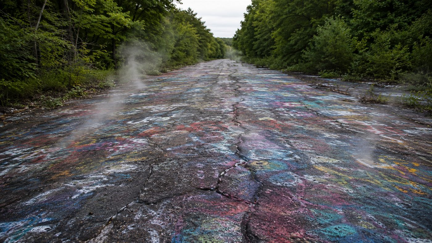 The abandoned Graffiti Highway, a cracked stretch of old Route 61 covered in spray paint near Centralia