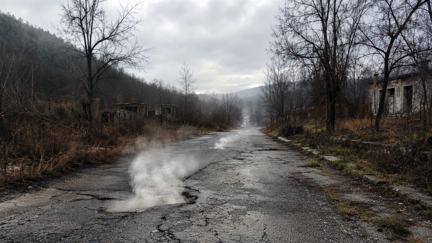 Smoke rising from cracks in the ground along an empty road, the landscape of the Centralia mine fire