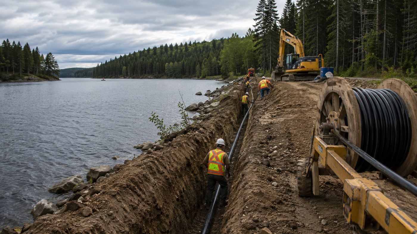 A crew burying a thick power cable in a trench along a waterway