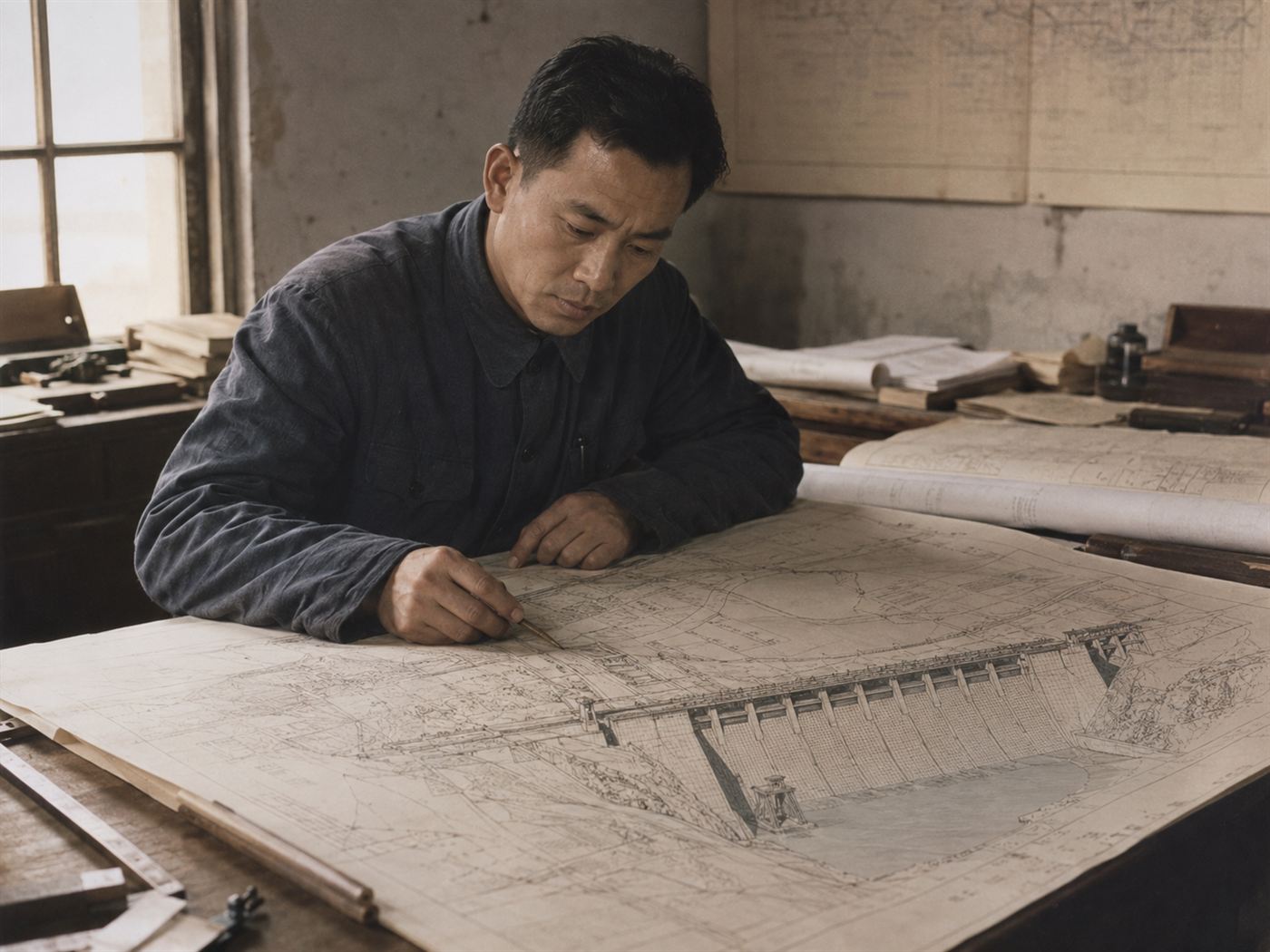 A Chinese hydraulic engineer in 1950s work clothes studying large engineering blueprints of a dam structure, concerned expression, vintage documentary photograph, socialist China engineering era