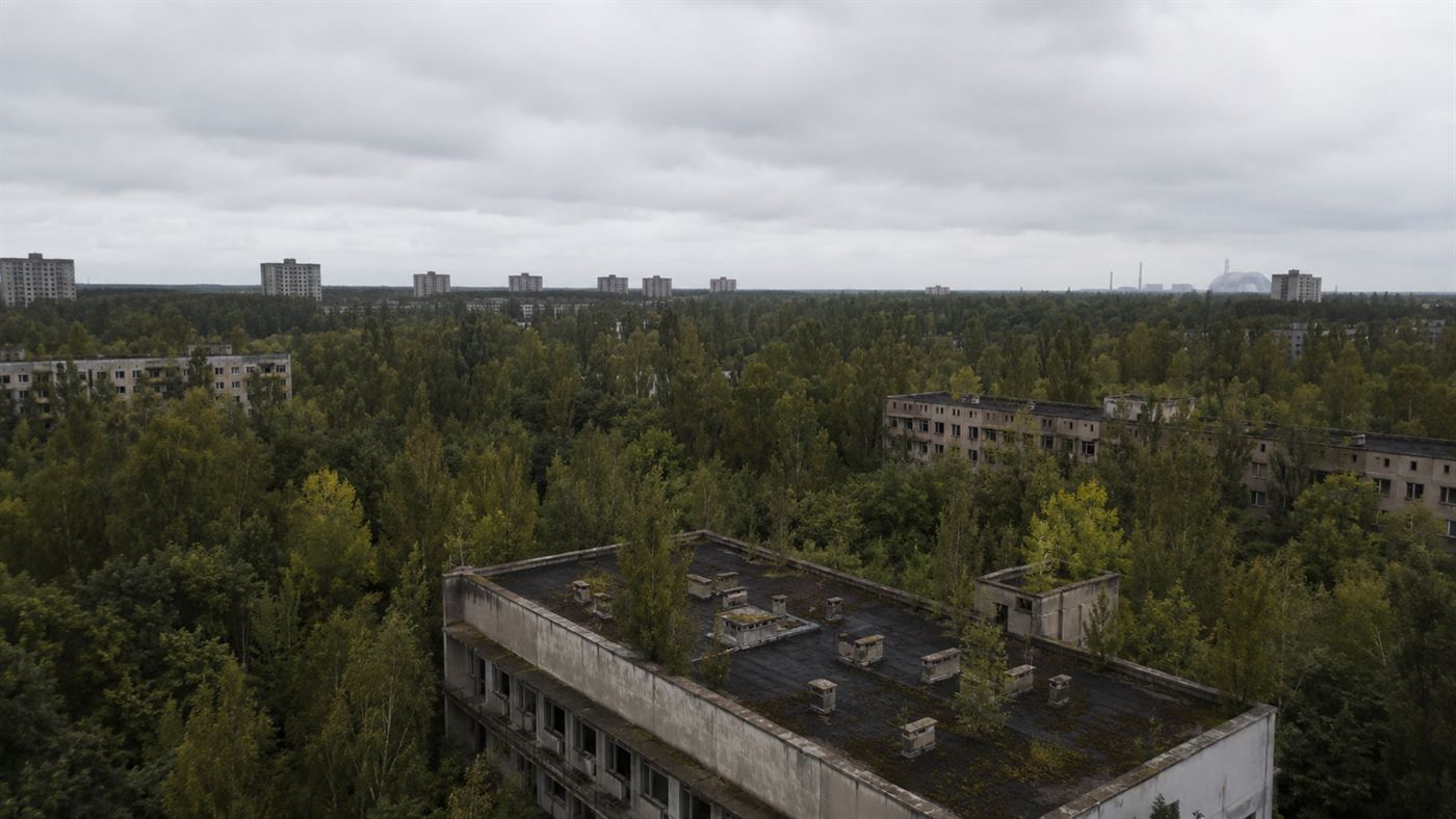 The abandoned city of Pripyat near Chernobyl, overgrown by forest inside the radioactive exclusion zone